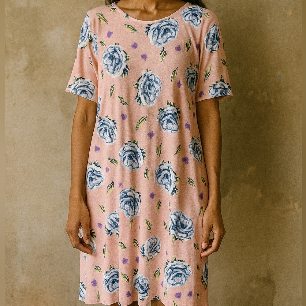 ASOS Pink Floral Puff Sleeve Jersey Knit Dress Swing Skater Blue Roses Size 6/8